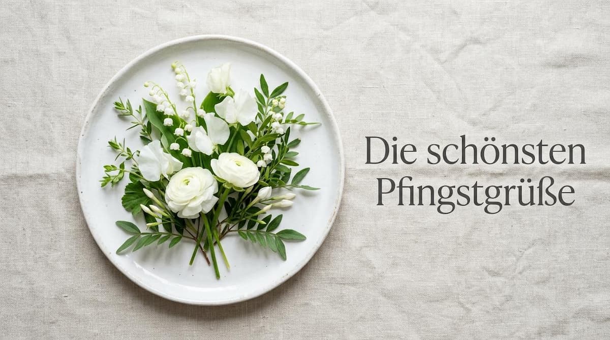 Ein elegantes Flat-Lay-Foto von oben auf eine helle Leinentextur, links ein weißer Keramikteller mit Maiglöckchen und weißen Pfingstrosen, rechts steht der saubere Text Die schönsten Pfingstgrüße.