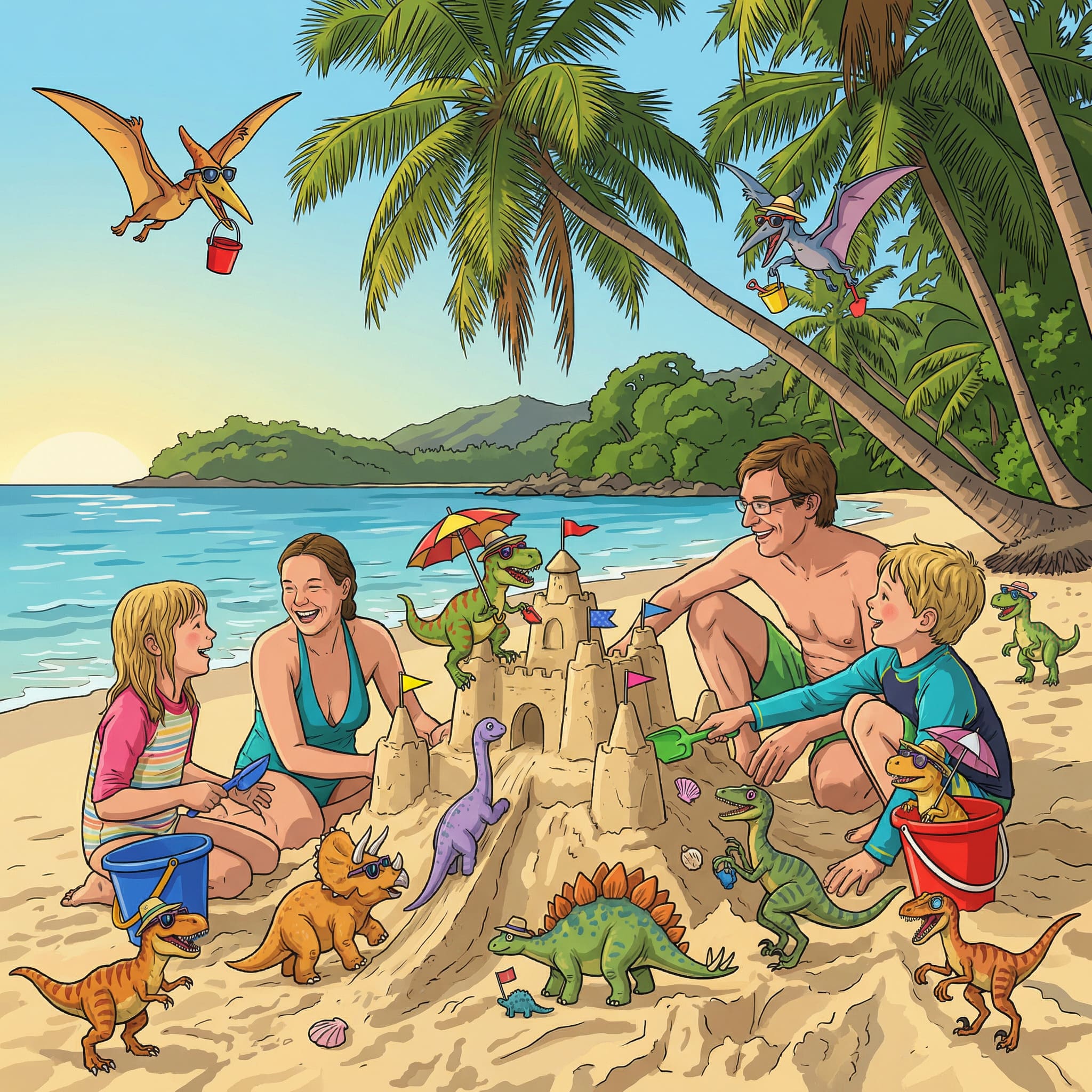 Plage envahie par mini-dinosaures - image IA Après