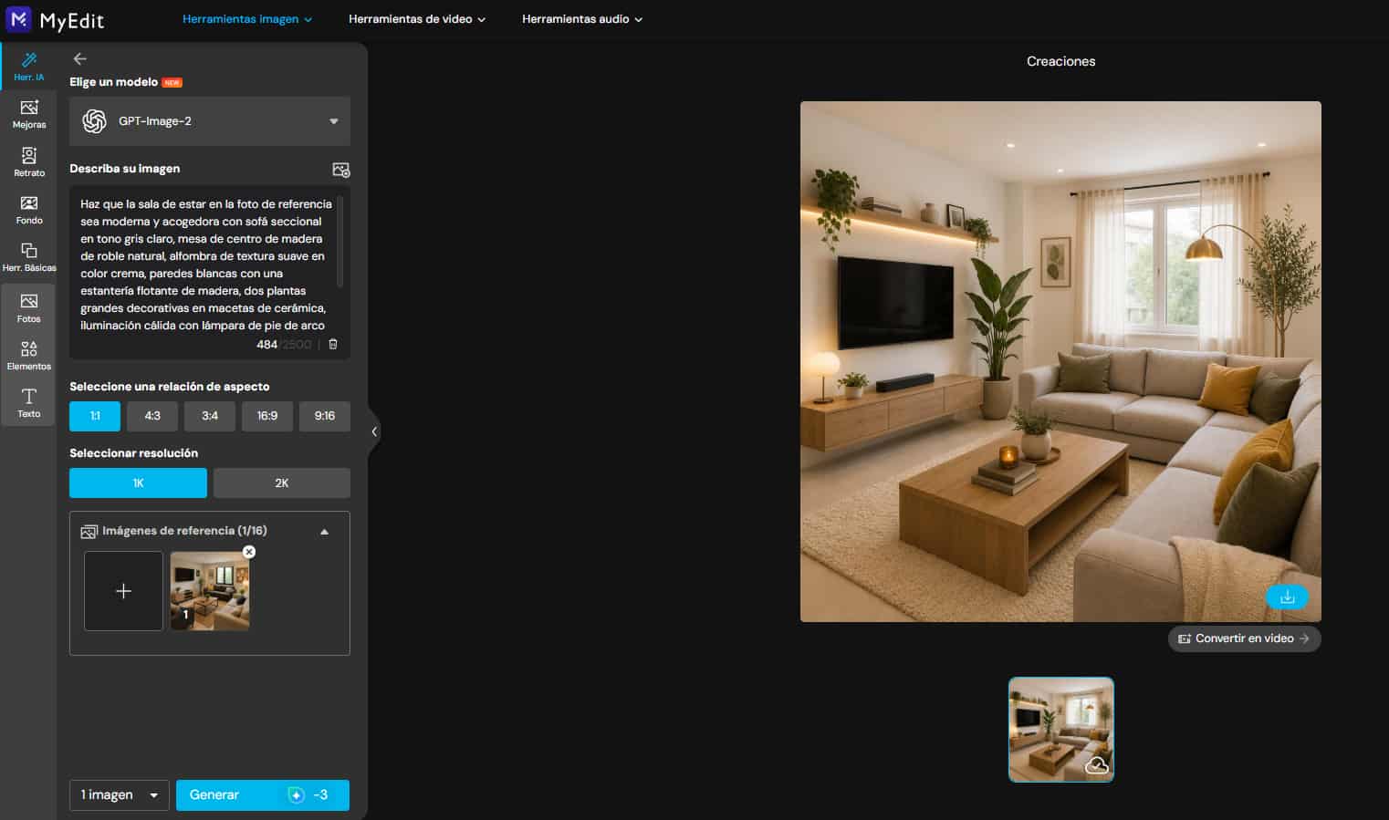Generador de Imágenes AI de MyEdit para diseño de interiores