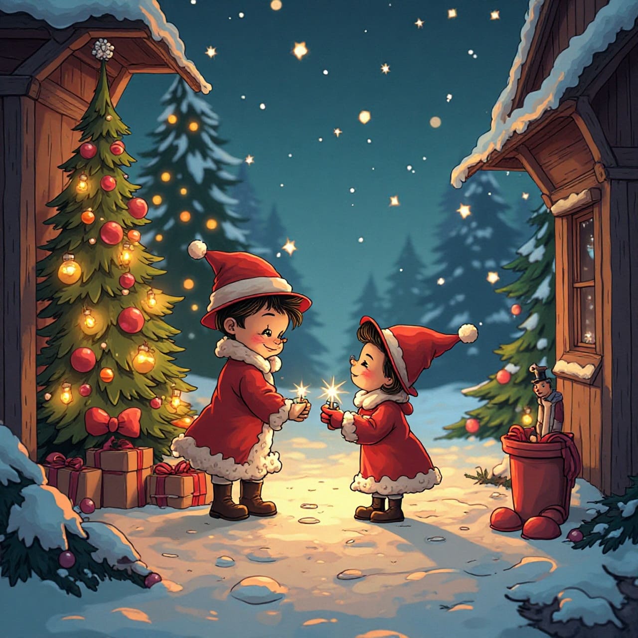 Scène de Noël style Disney avec ambiance magique