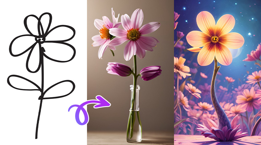 a flower sketch and 2 generated images of MyEdit