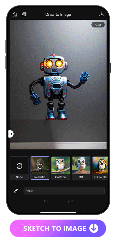 a robot sketch in 7 styles including realistic, cartoon, 3D, oil painting, watercolor, neo, and vintage
