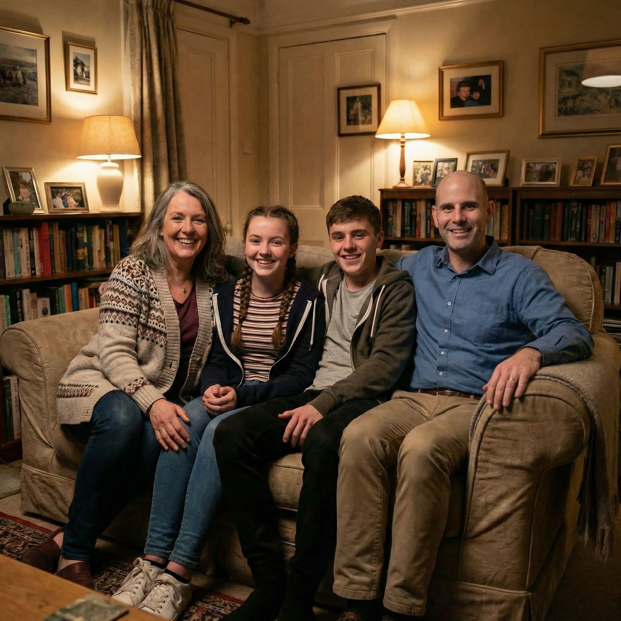 Photo de famille complète avec membre éloigné ajouté par IA