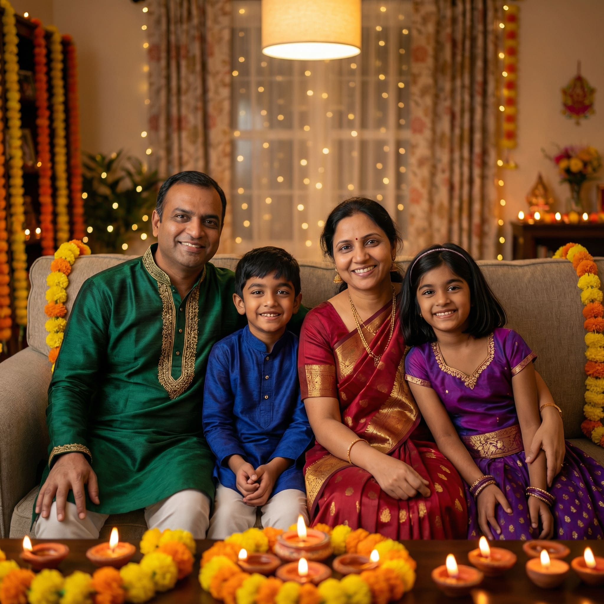 AI-generated family portrait with Diwali festive lighting