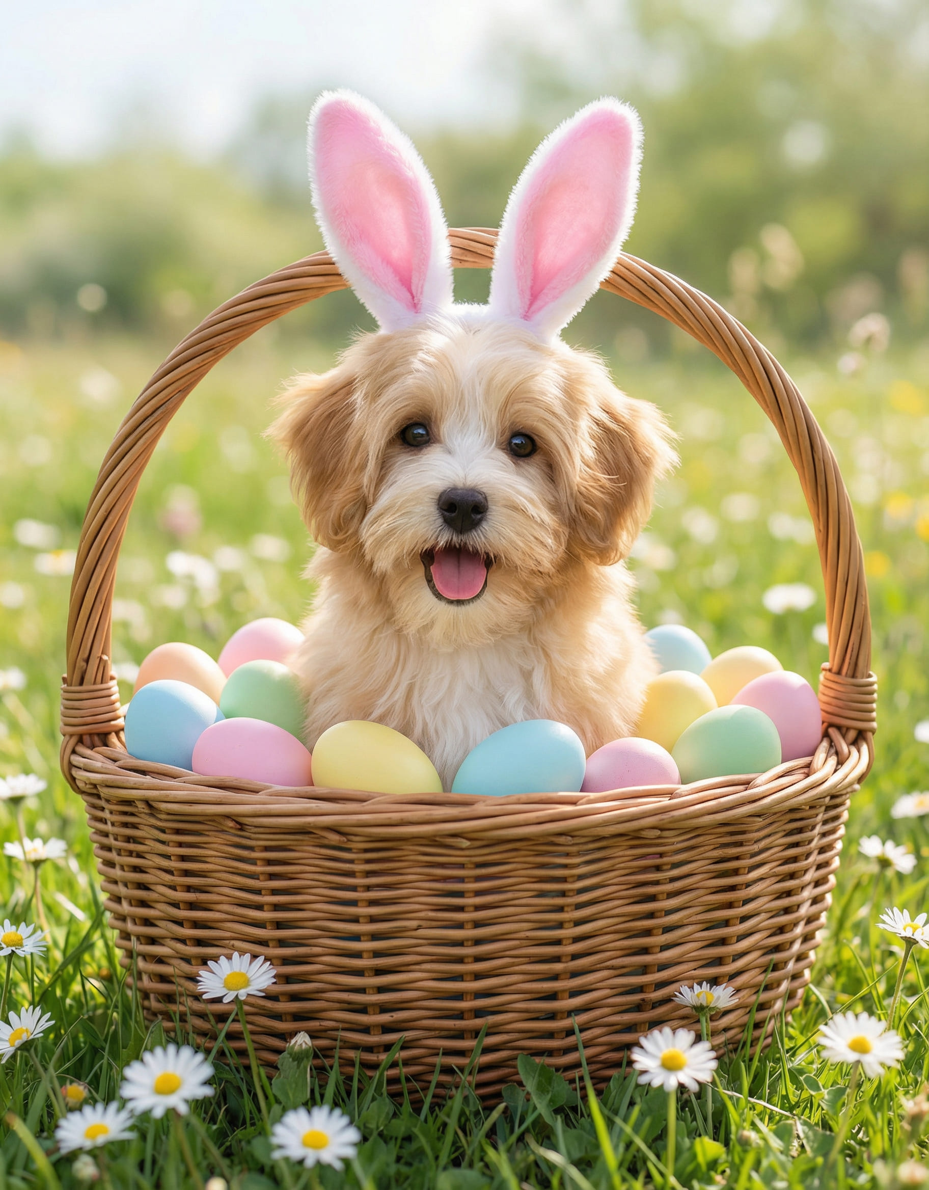 Dog wearing bunny ears in a basket
