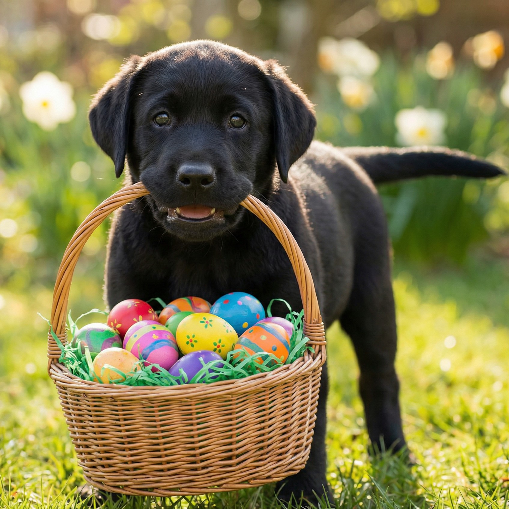 Dog carrying an Easter basket in its mouth