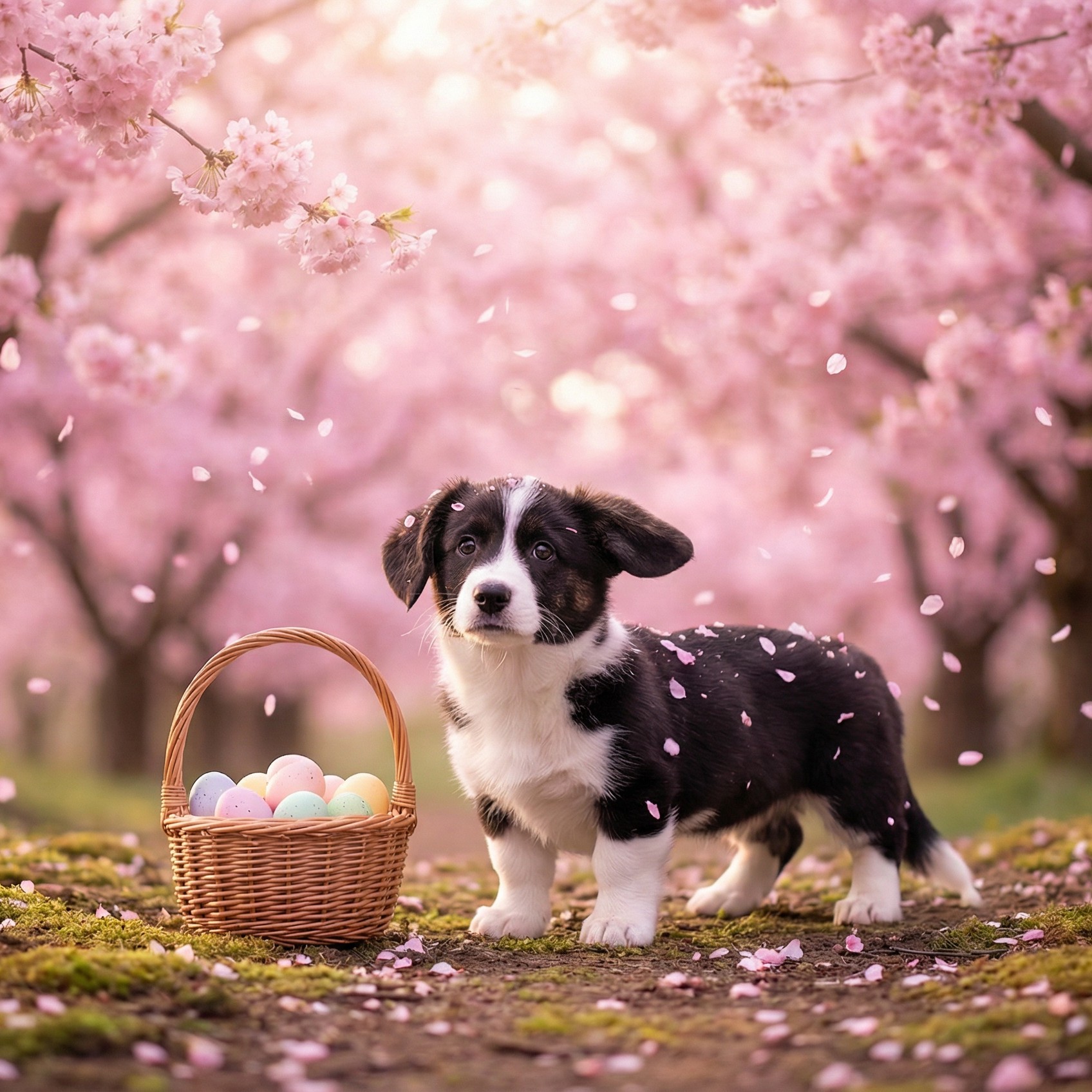Dog under cherry blossom trees