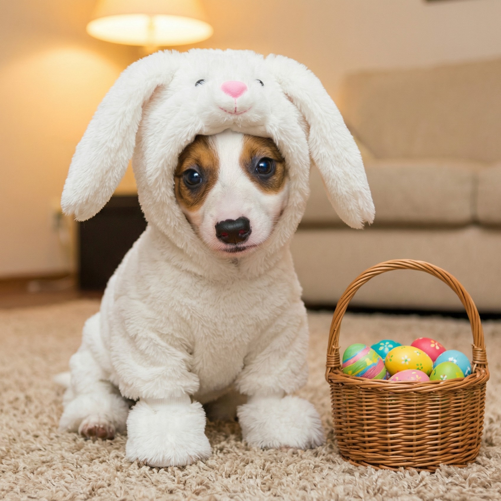 Dog wearing a full bunny suit