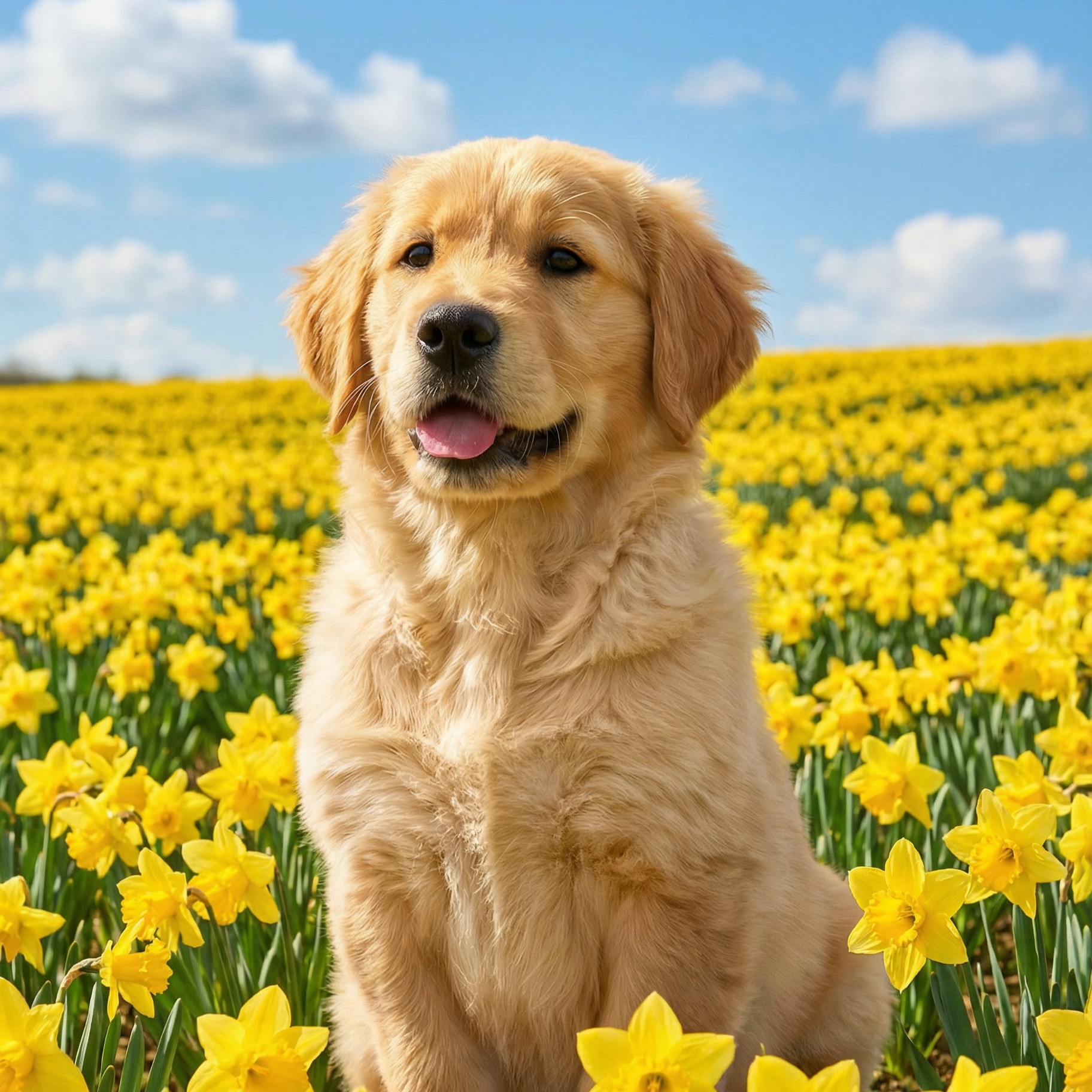 Dog sitting in a field of yellow daffodils