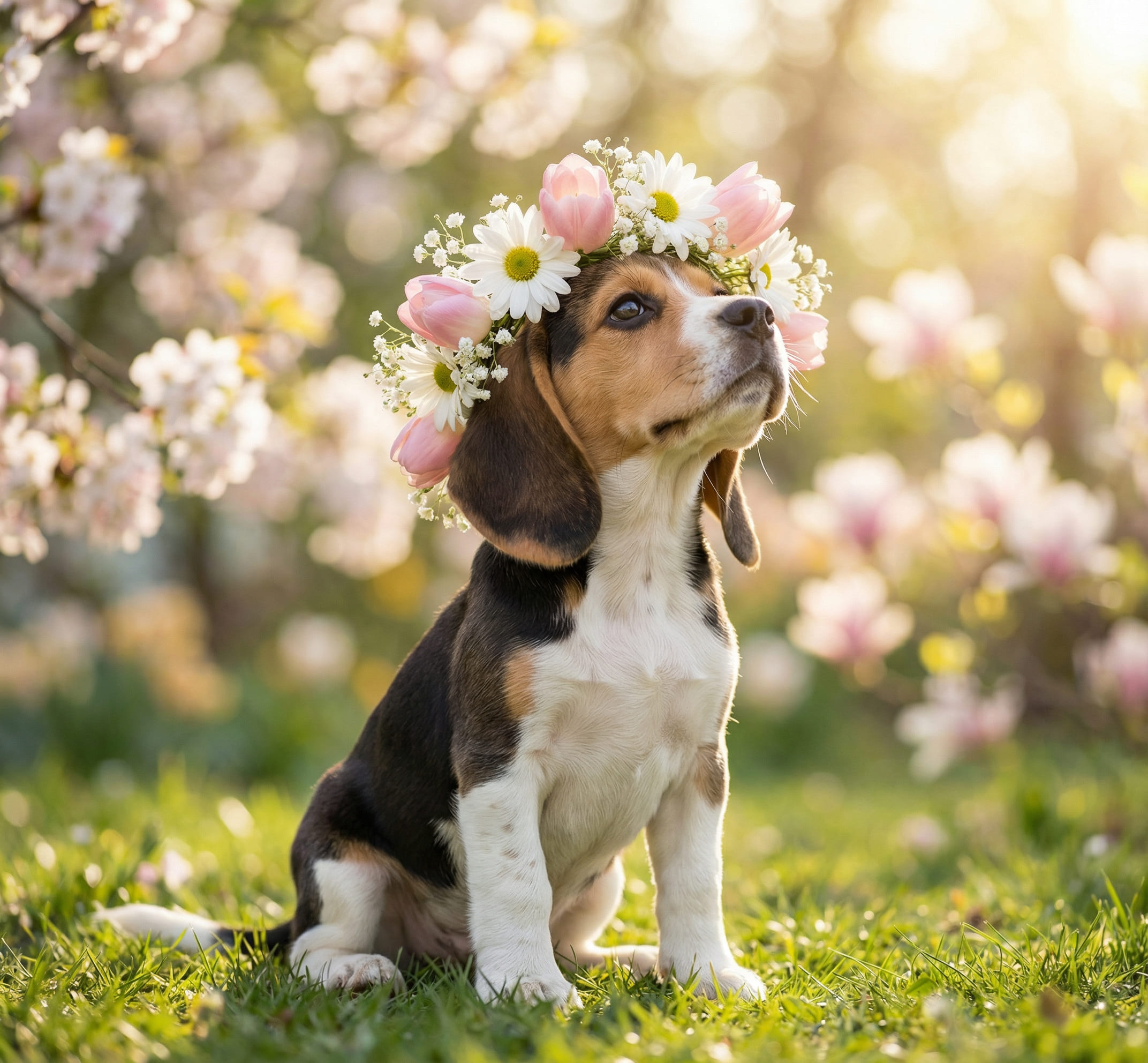 Dog wearing a spring floral crown