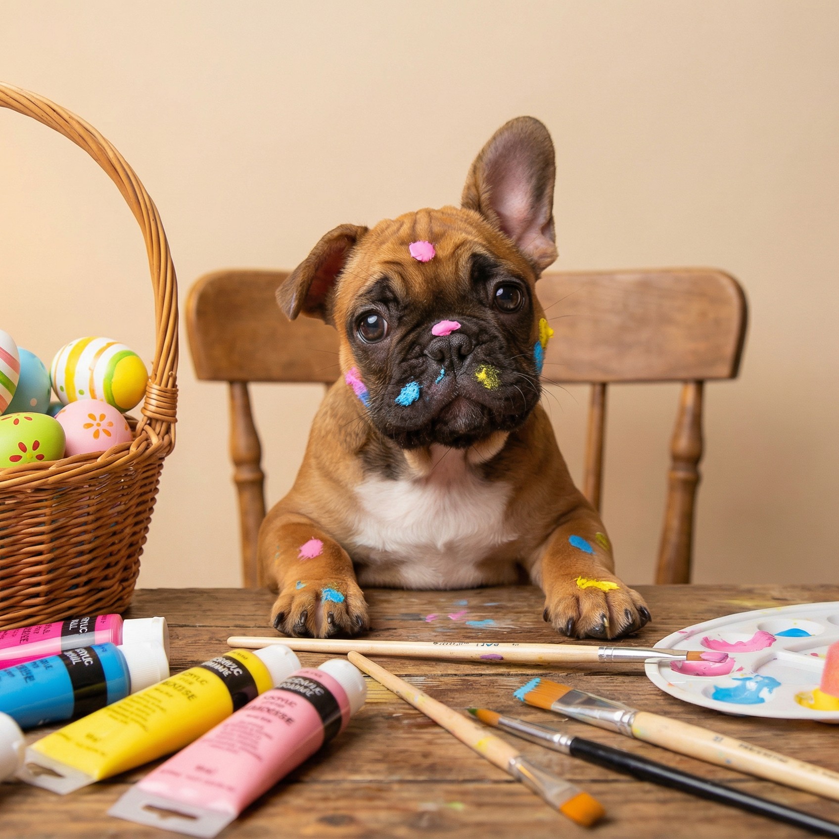 Dog covered in paint with decorated Easter eggs