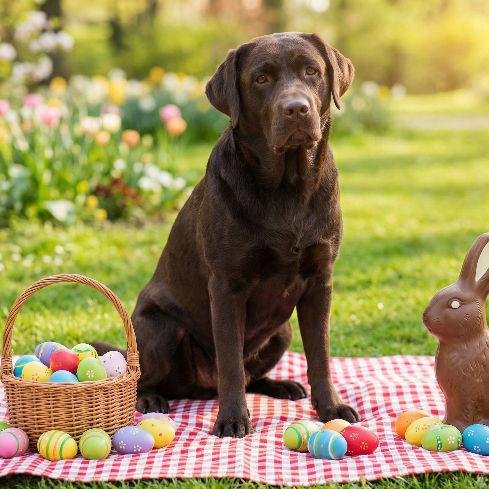 Dog having an Easter picnic
