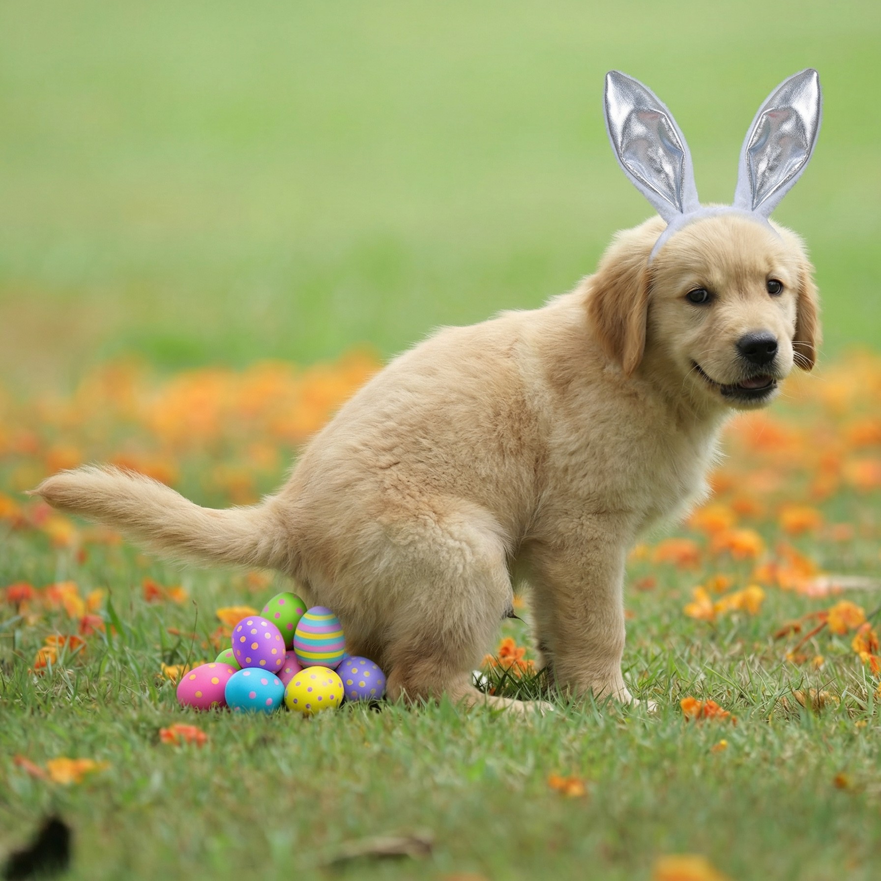 AI generated spoof photo of dog squatting and laying colorful eggs