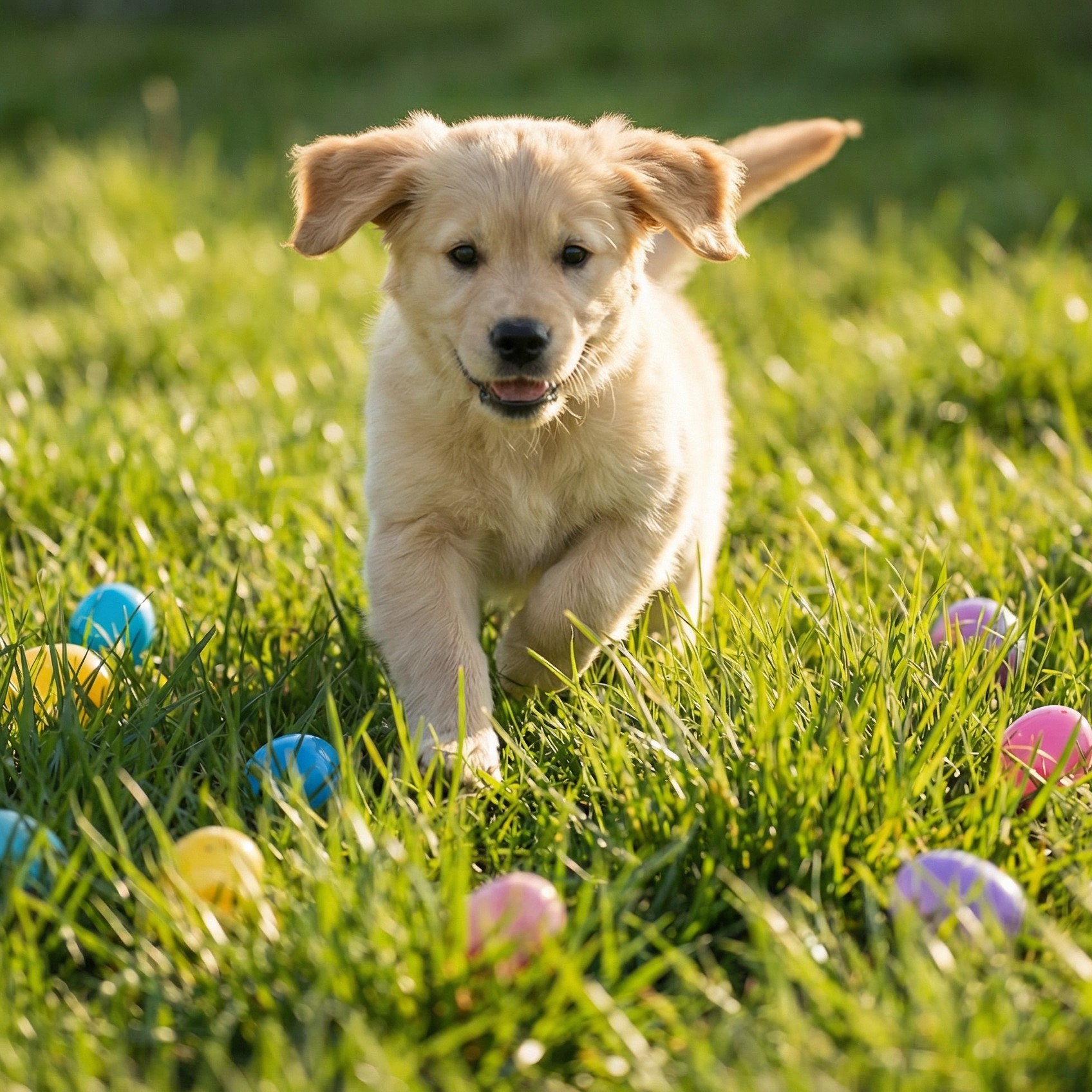 Dog running in an egg hunt