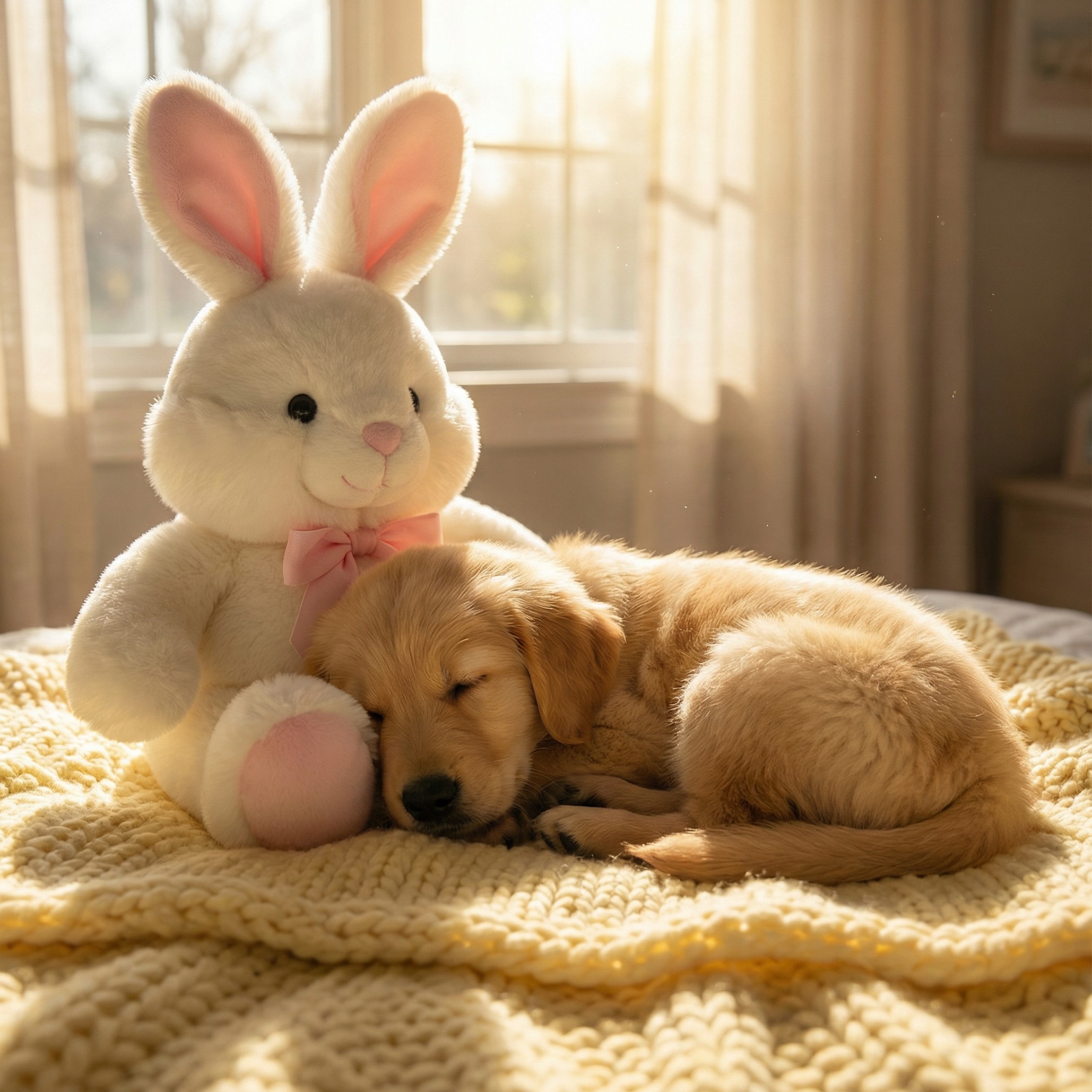 Dog sleeping with a giant plush bunny