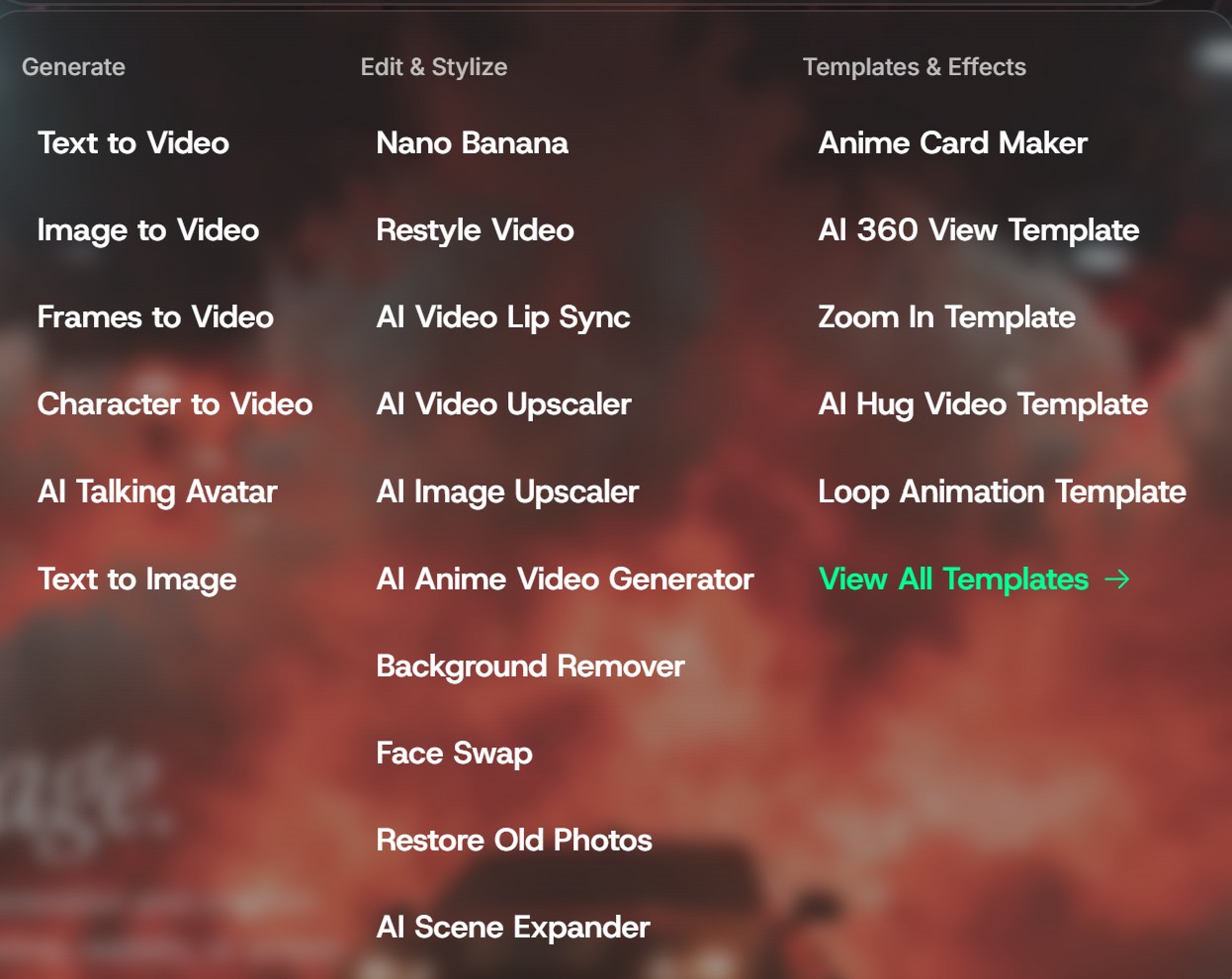 Pantalla de funciones de Domo AI con opciones de video e imagen