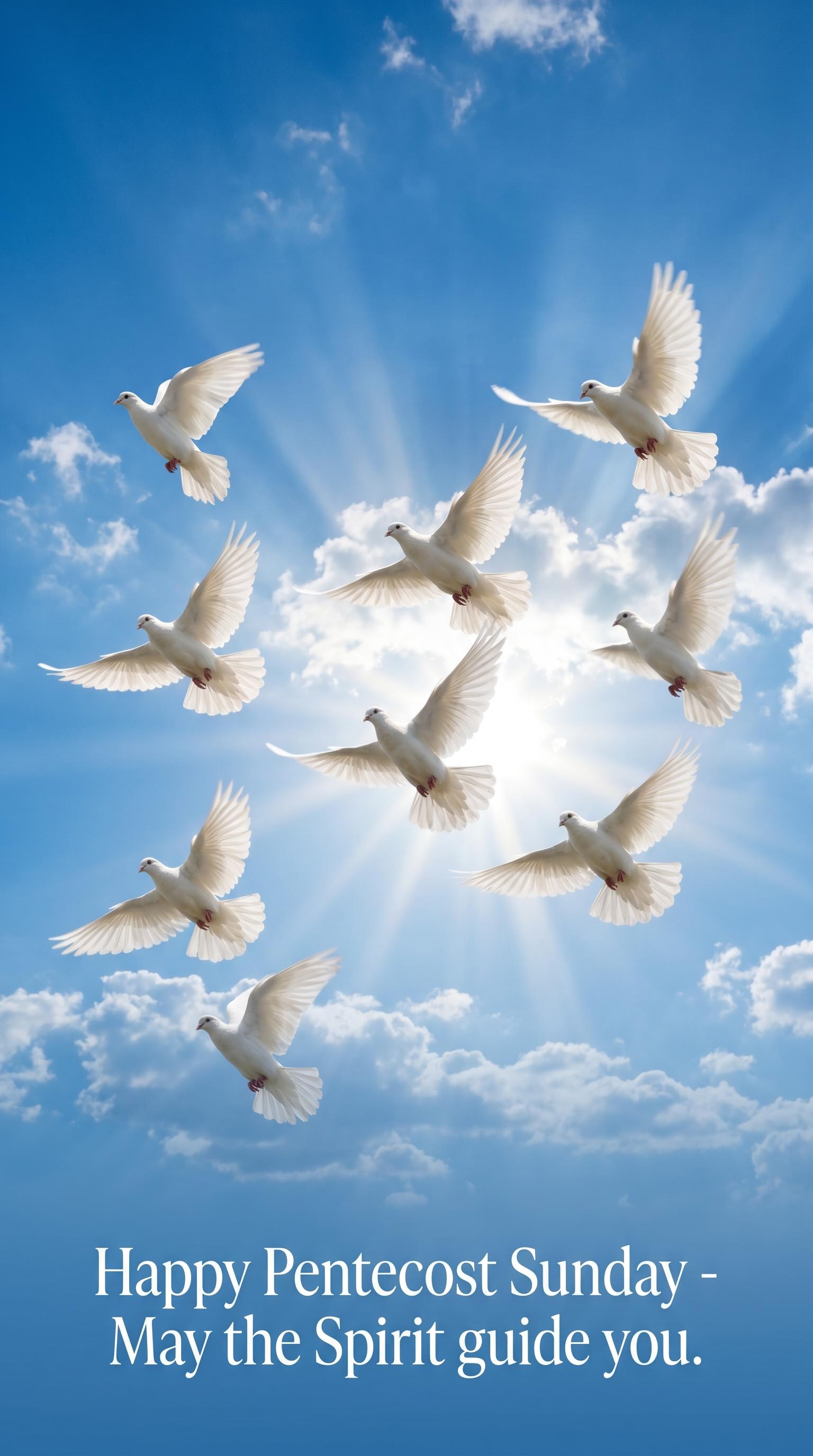 White doves in flight for Pentecost Sunday over an American sky, AI generated