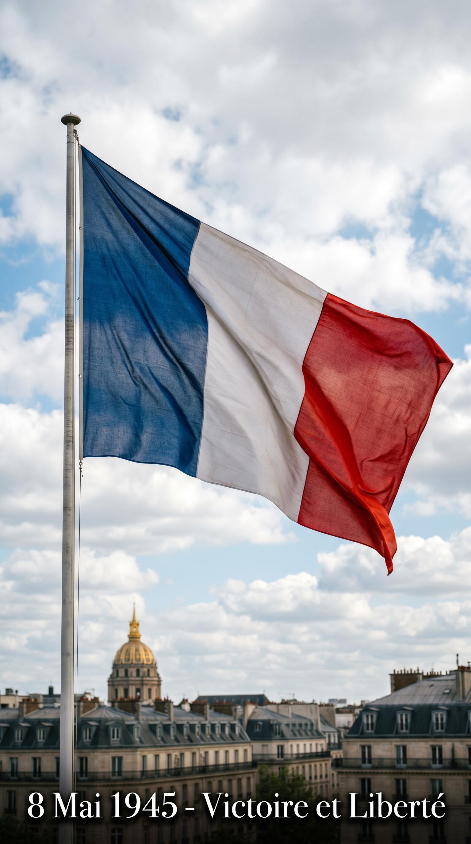 Drapeau tricolore français au vent pour le 8 mai 1945, généré par IA