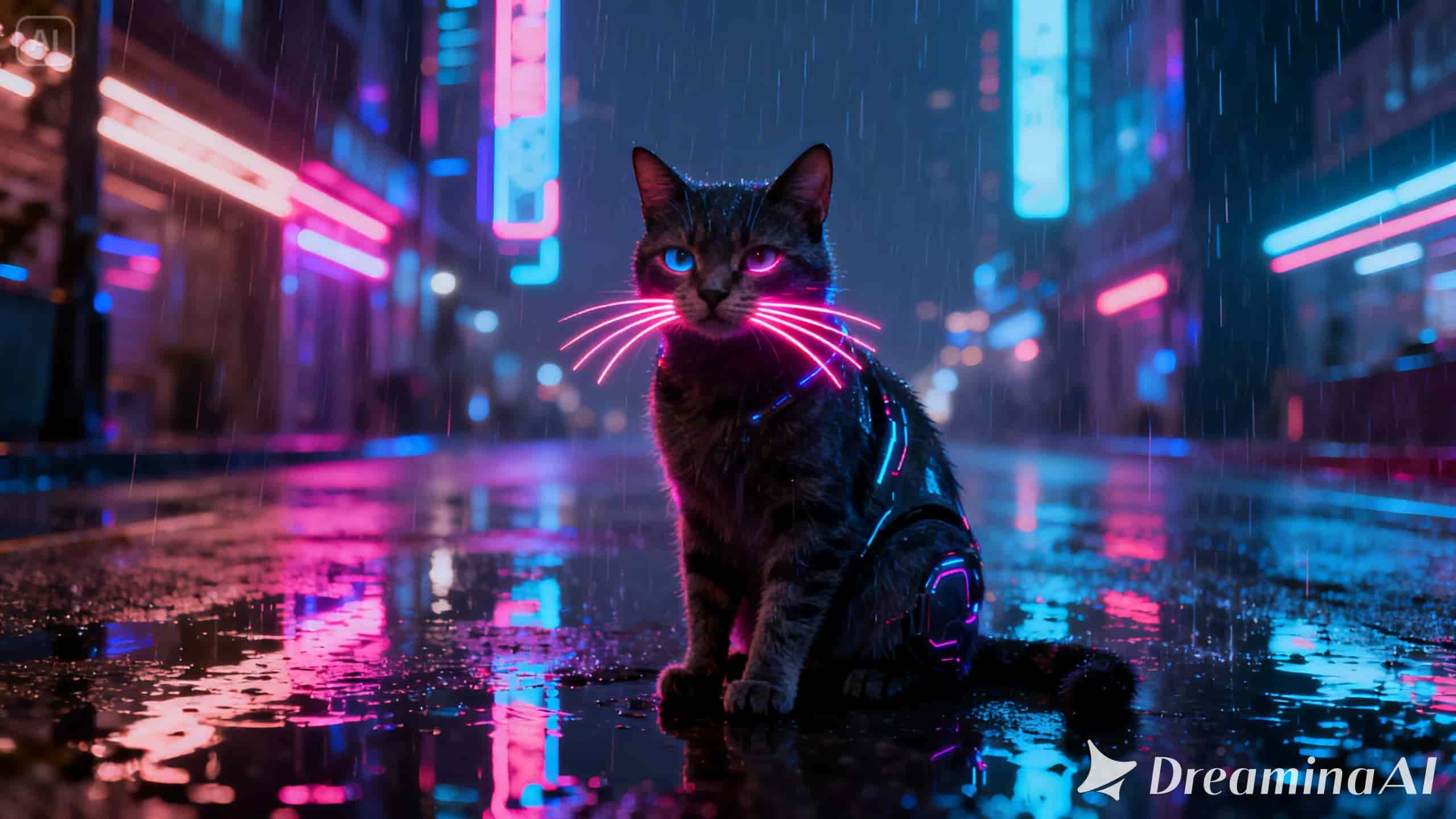 Imagen de gato estilo cyberpunk generada con Dreamina
