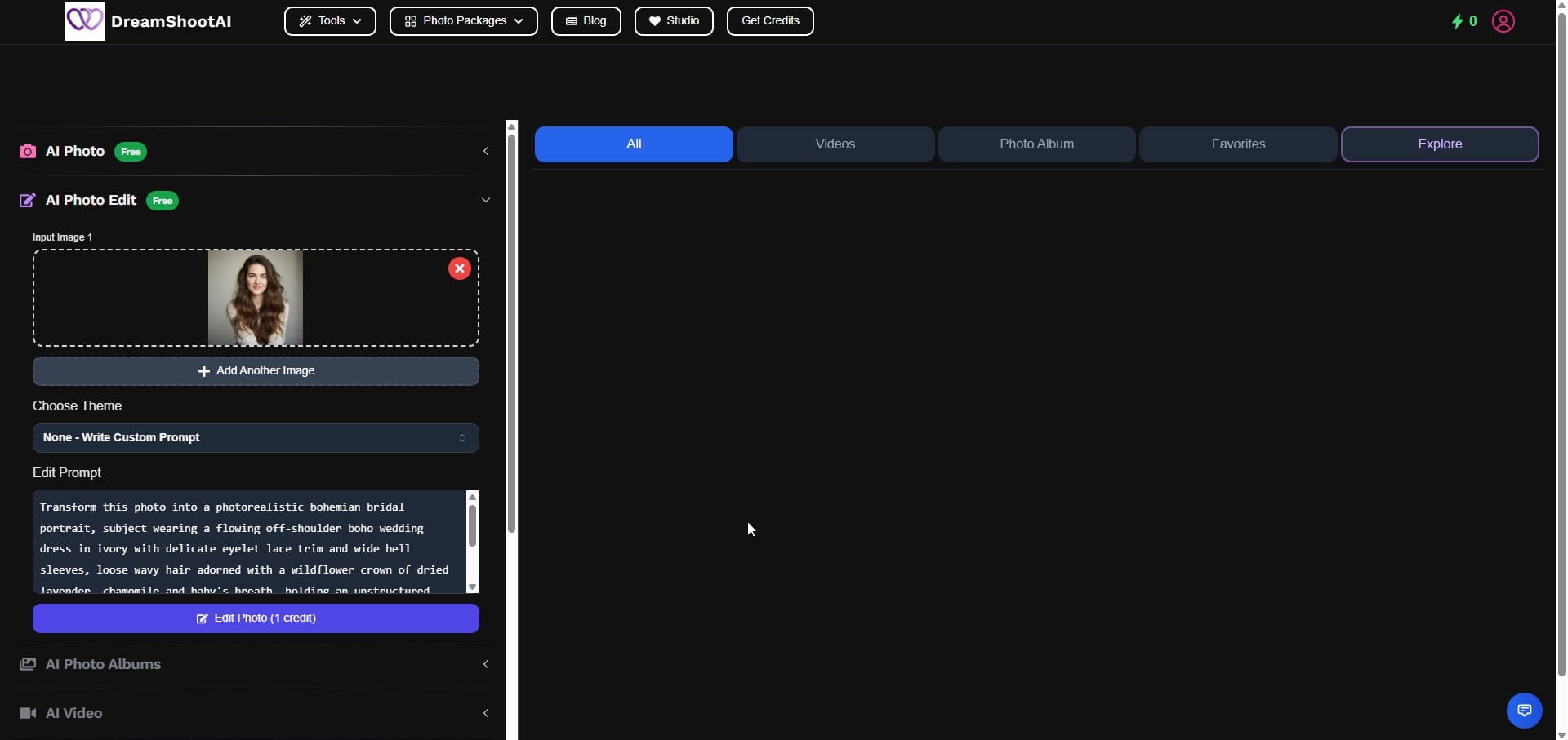 DreamShootAI wedding photo generator interface