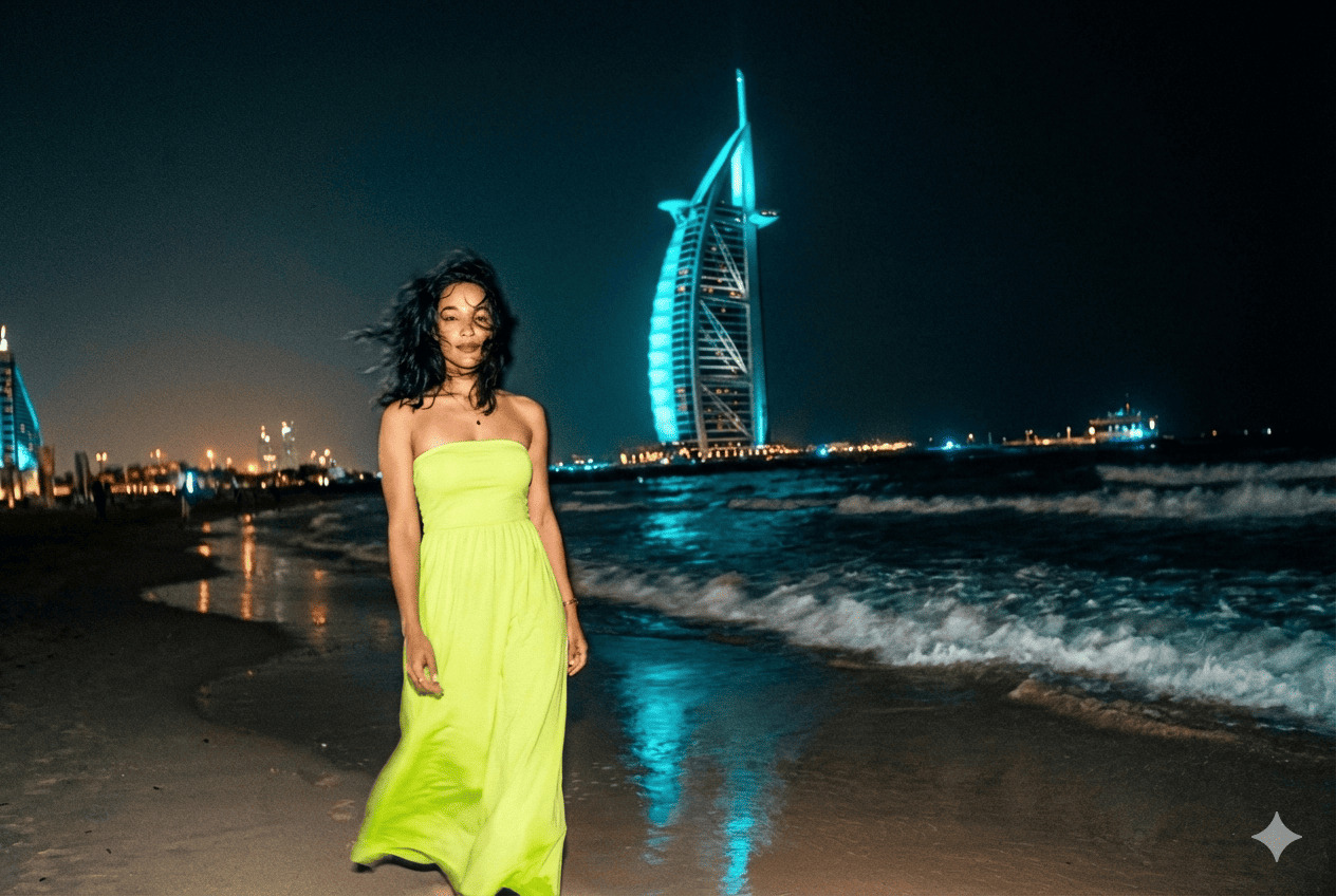 Cinematic night beach shot in Dubai with motion blur