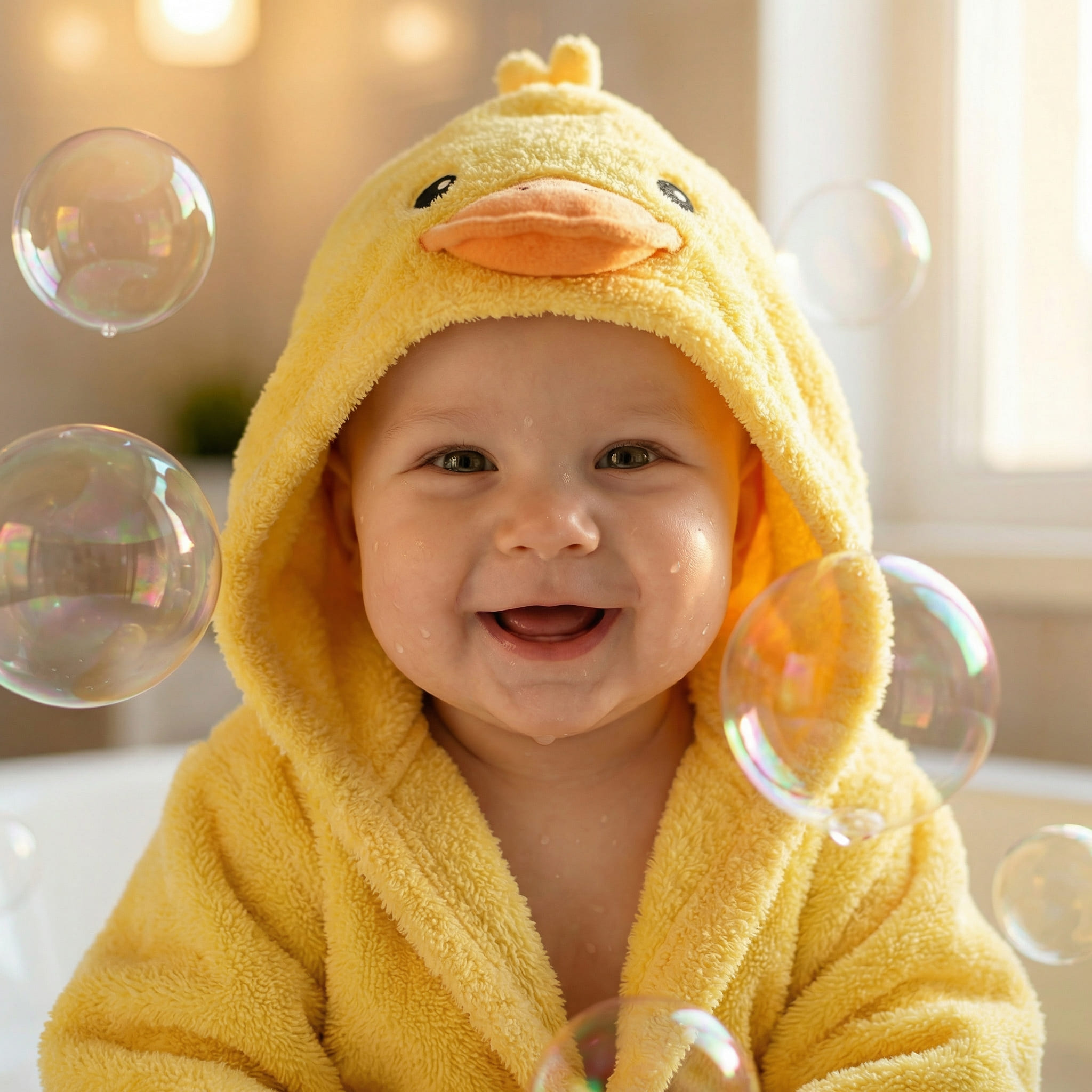Baby in yellow duckling hoodie with bubbles