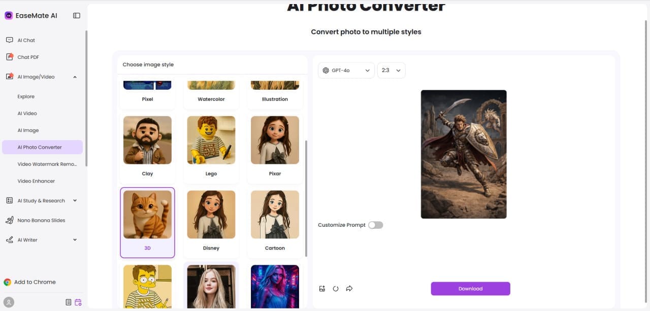 EaseMate AI 2D to 3D conversion