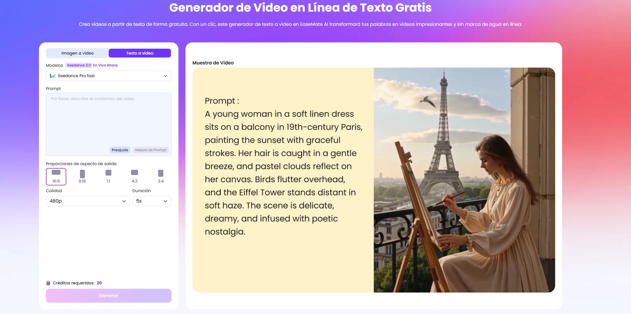 EaseMate AI seleccionar modelo IA y escribir prompt de video