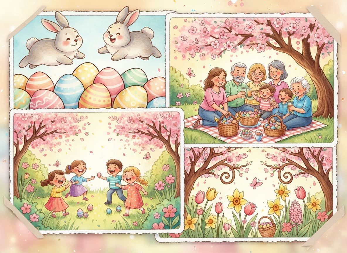 Images de Pâques IA – Exemples de créations avec lapins et œufs Images de Pâques générées par IA avec des lapins, des œufs colorés et des scènes festives