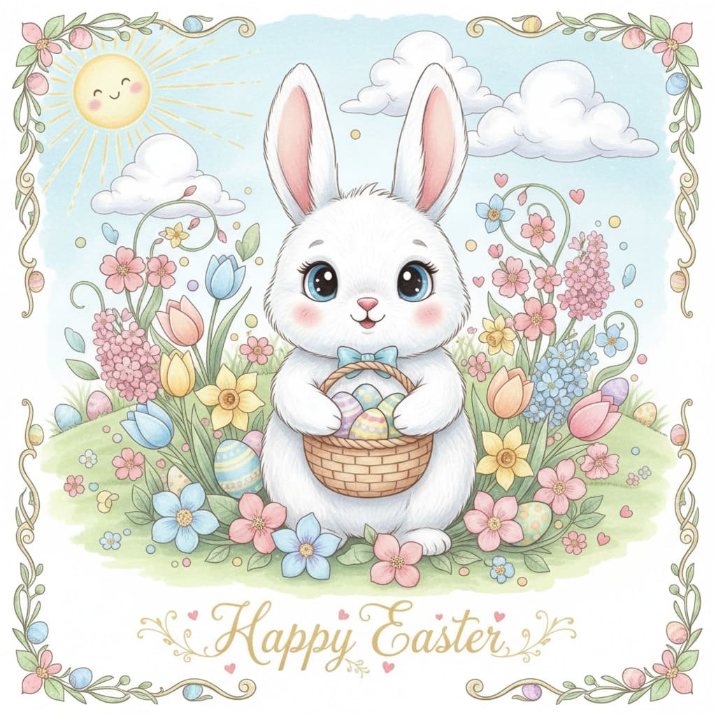 Carte de Pâques avec lapin et fleurs - image IA