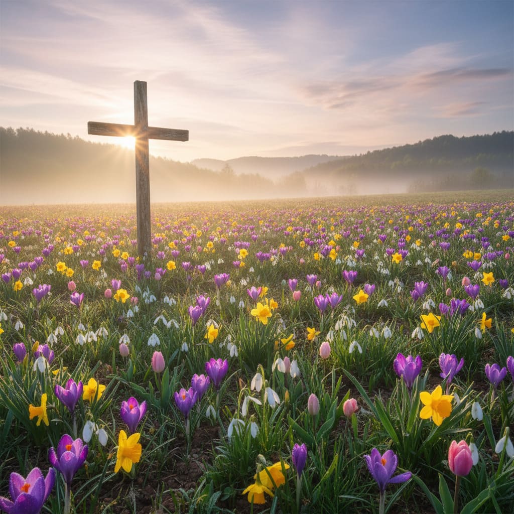 Croix de Pâques avec fleurs - image IA