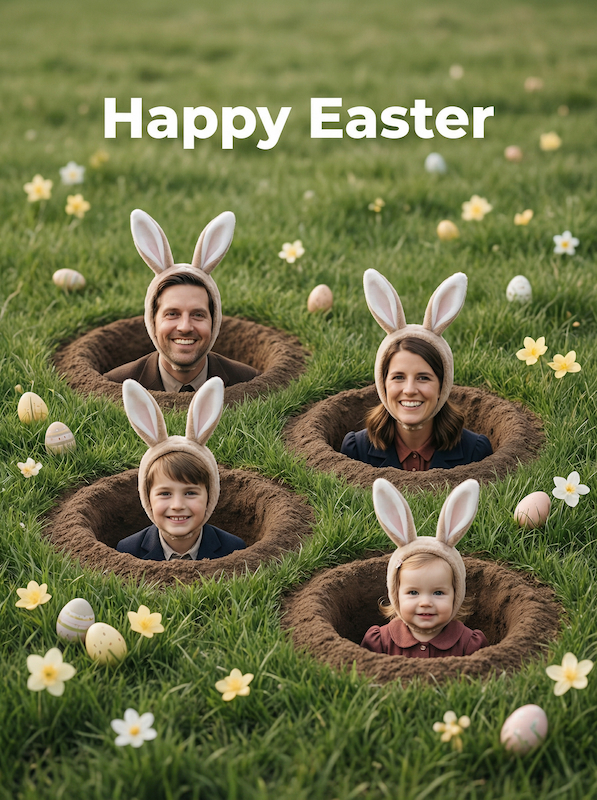 A family in the rabbit holes to celebrate the Easter