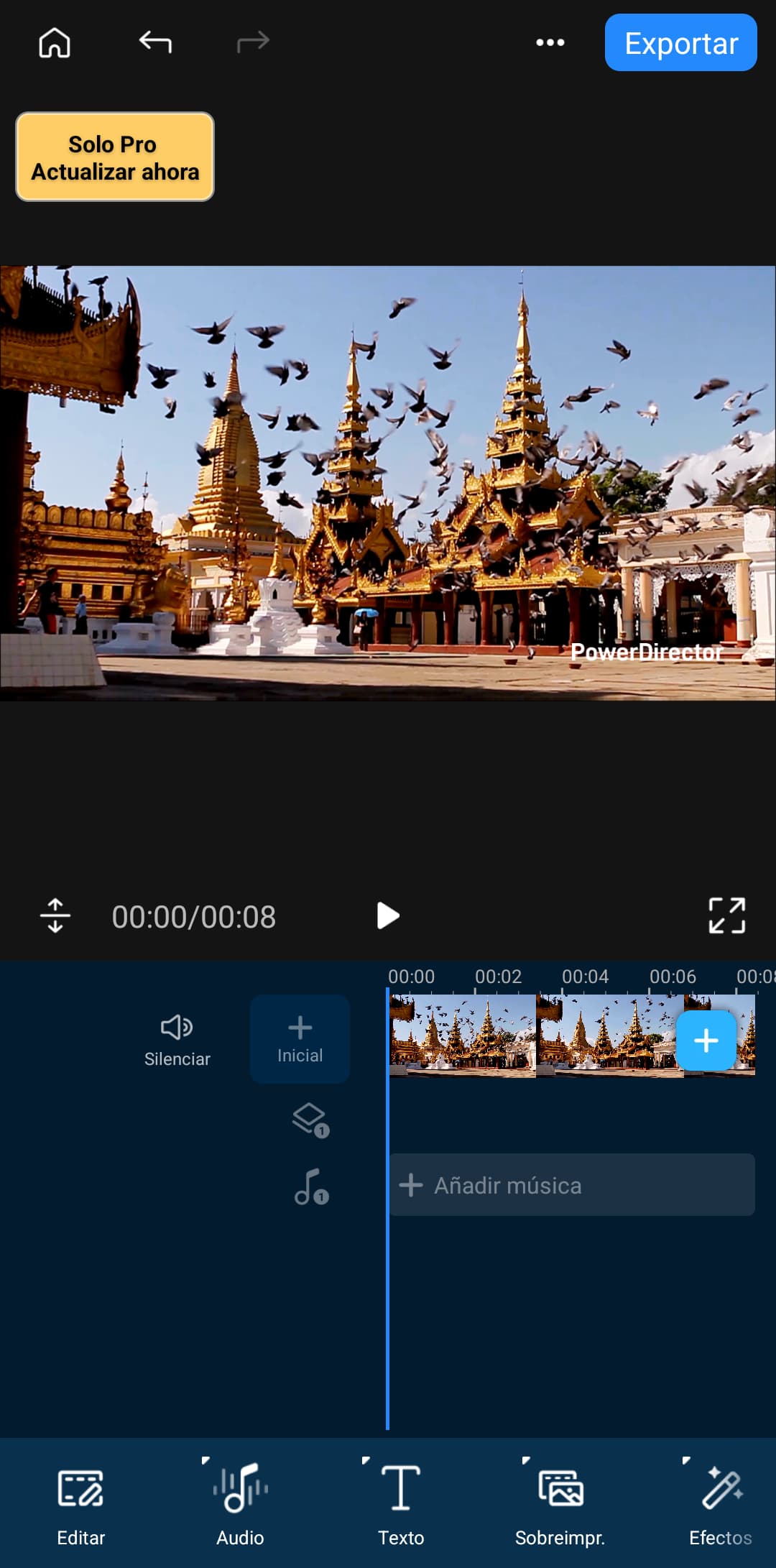 Interfaz del editor de videos de PowerDirector para Android