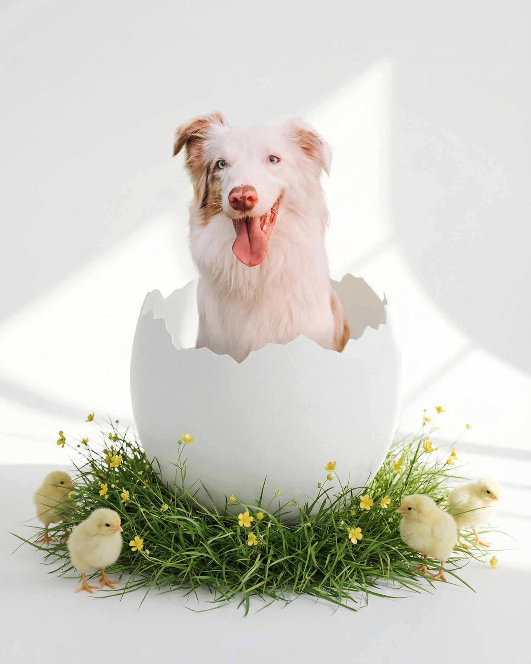 A white Australian Shepherd dog sitting in a large cracked white eggshell, surrounded by baby chicks and fresh grass.