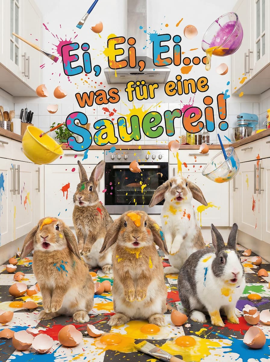 Fünf Hasen verursachen ein lustiges Chaos in einer Küche mit bunten Farbspritzern und dem Schriftzug Ei, Ei, Ei was für eine Sauerei!