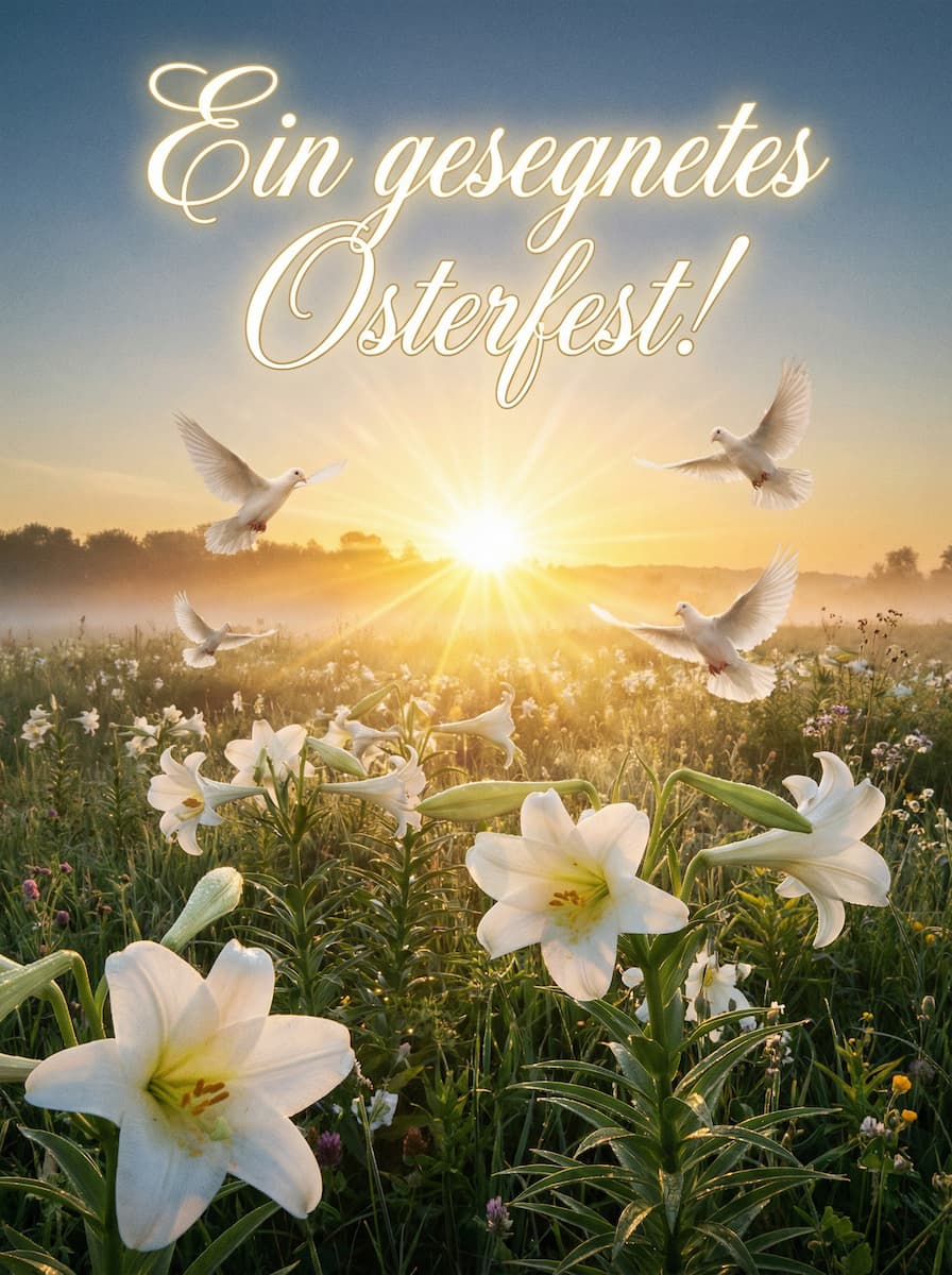 Spiritueller Ostergruß mit weißen Lilien, Tauben und der Aufschrift Ein gesegnetes Osterfest im Sonnenlicht.