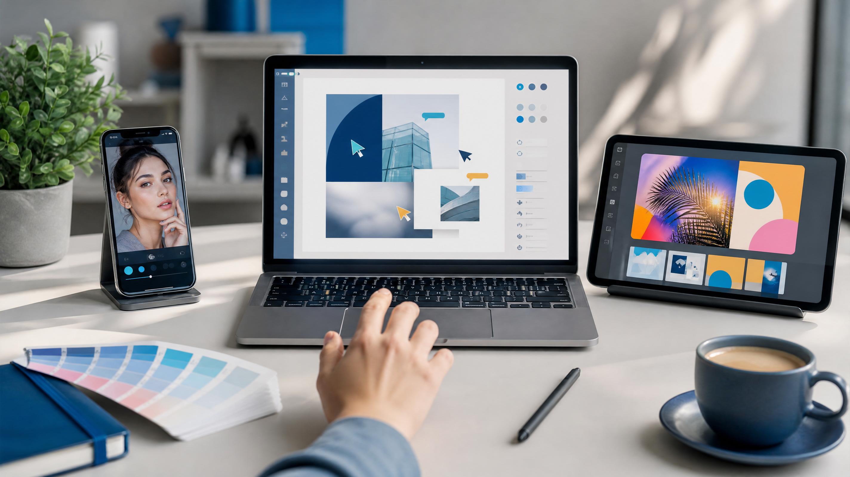 Escritorio creativo con un smartphone, una laptop y una tablet que representan distintas herramientas de diseño para comparar