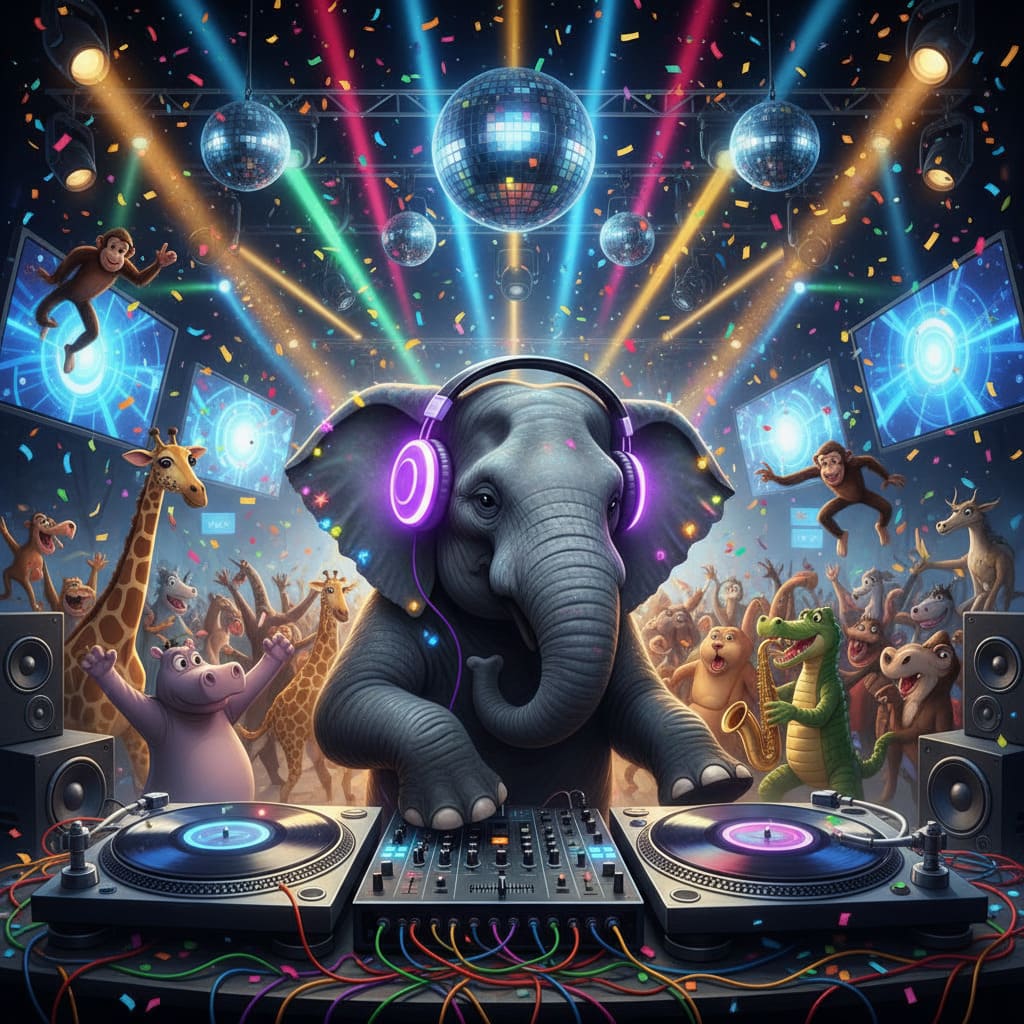 KI-Bild eines Elefanten als DJ auf einer Party
