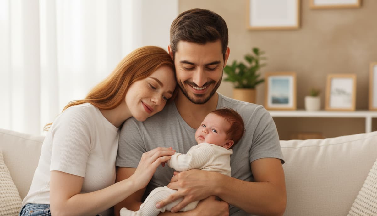 Fotorealistisches Familienfoto der beiden Eltern mit ihrem neugeborenen Mädchen.