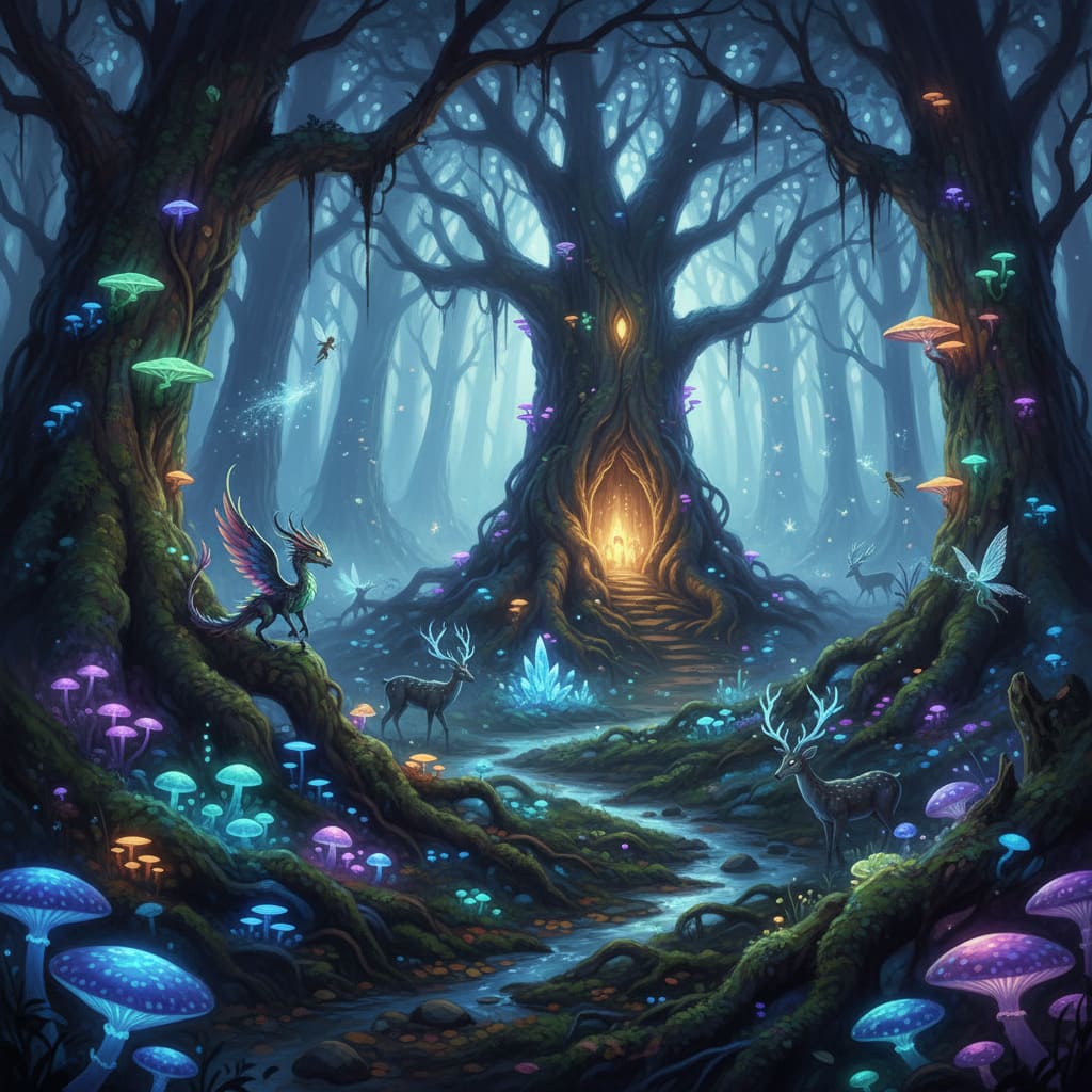 Enchanted forest with glowing mushrooms AI-generated illustration