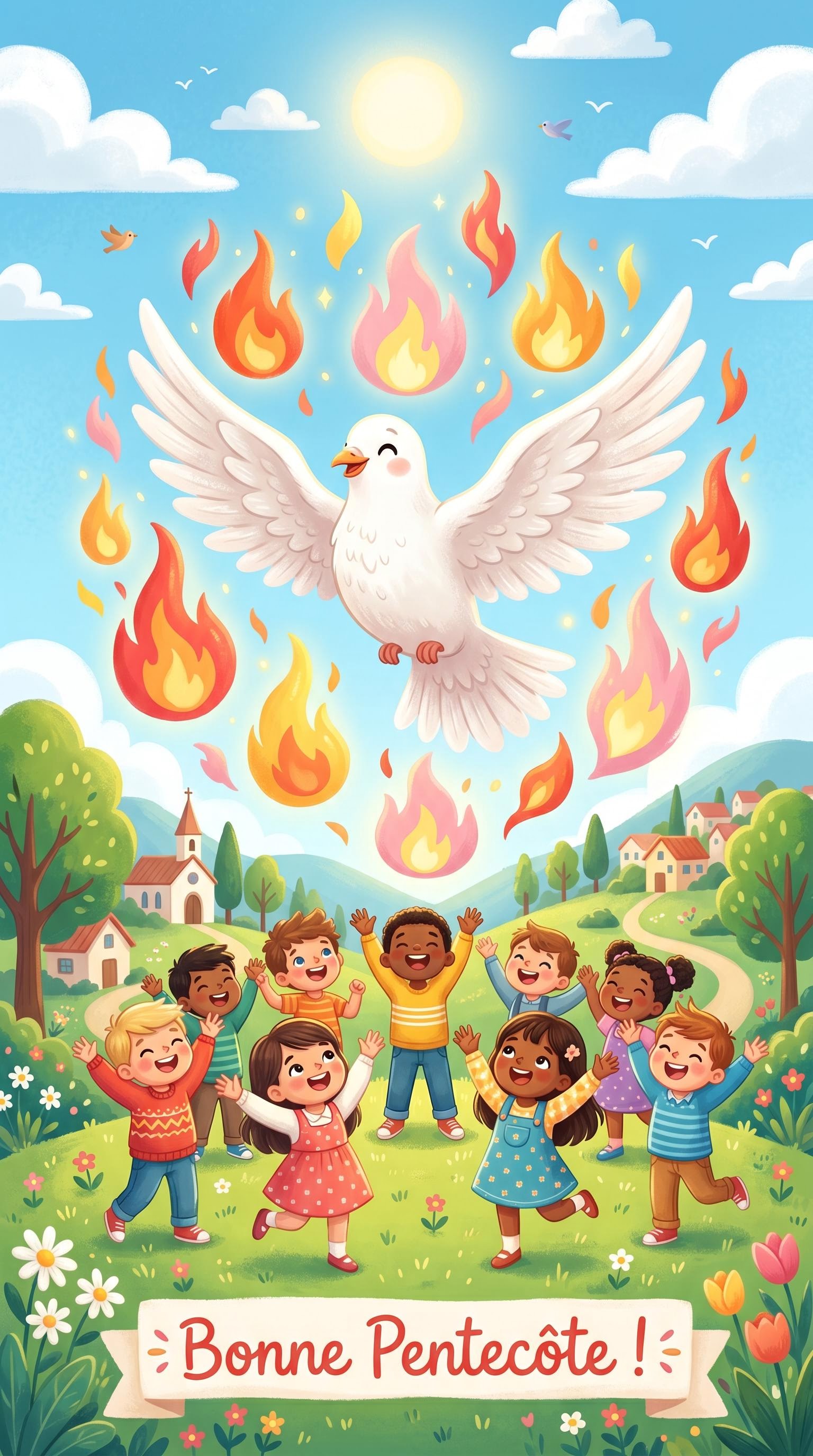 Image de Pentecôte joyeuse et colorée pour enfants et catéchèse, générée par IA