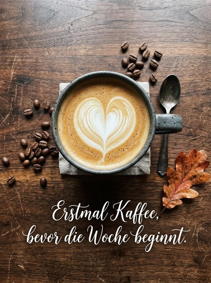 Eine Draufsicht auf eine Kaffeetasse mit Herz-Milchschaum auf dunklem Holz mit Kaffeebohnen und der eleganten Aufschrift Erstmal Kaffee, bevor die Woche beginnt.