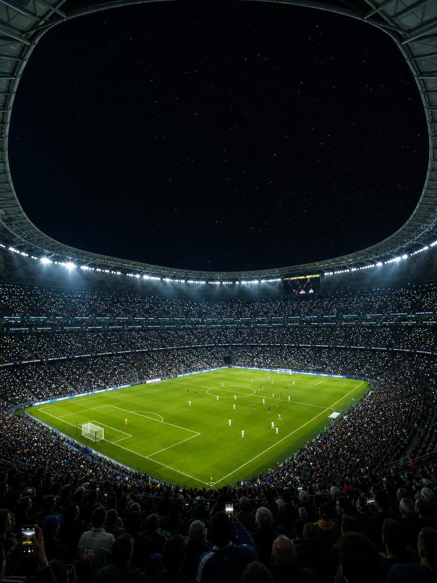 Foto cinematográfica de un estadio bajo los reflectores en el Mundial 2026, generada con IA