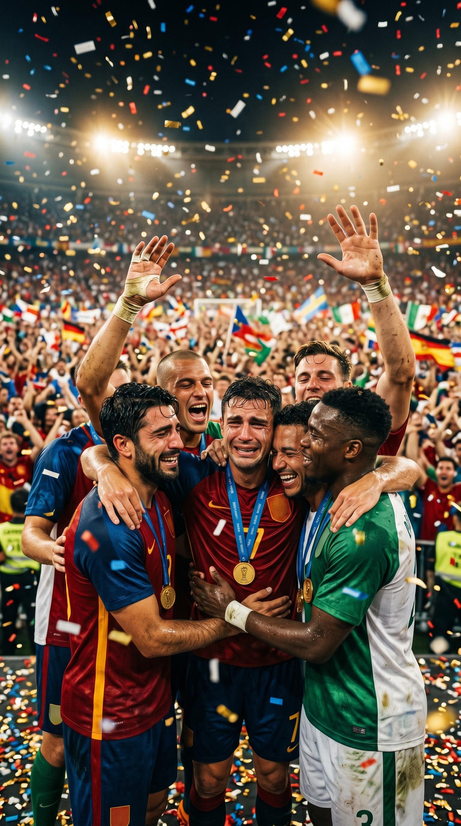 Photo cinématographique de l'étreinte des champions sur le podium en finale de coupe du monde, générée par IA