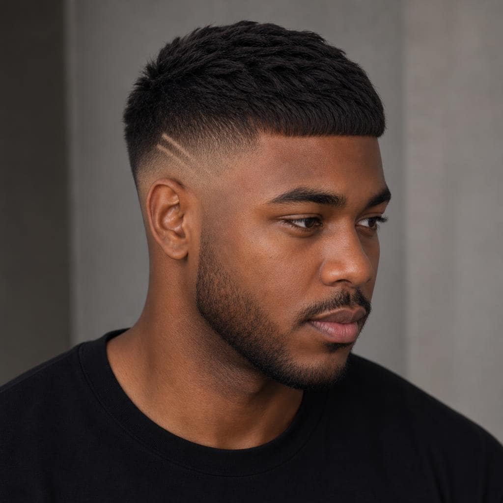 Corte fade bajo con tupé corto para cara redonda