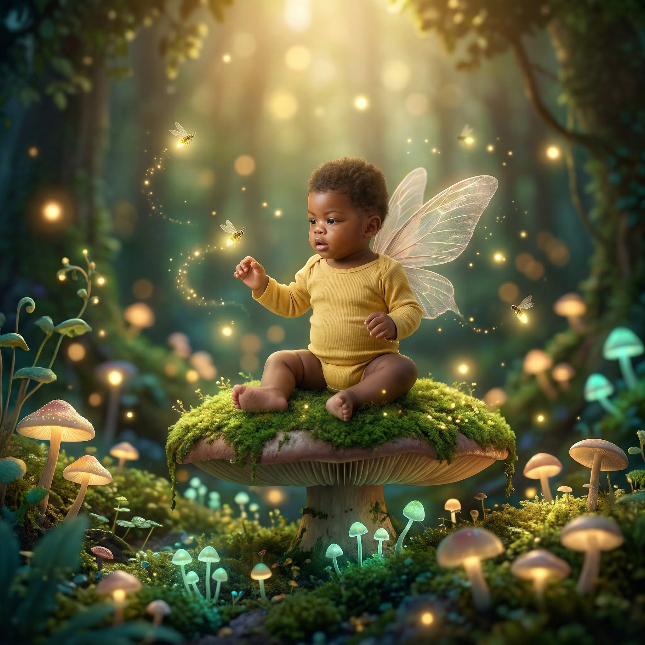 Fantasy baby fairy in enchanted forest