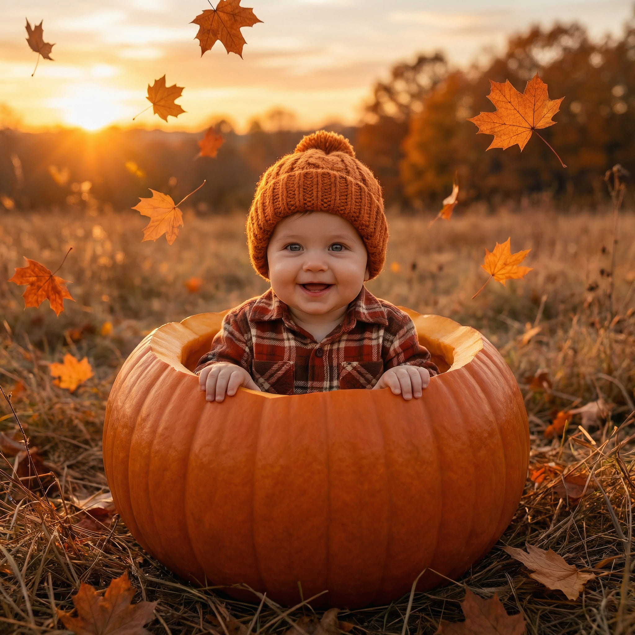 Autumn baby portrait in pumpkin patch