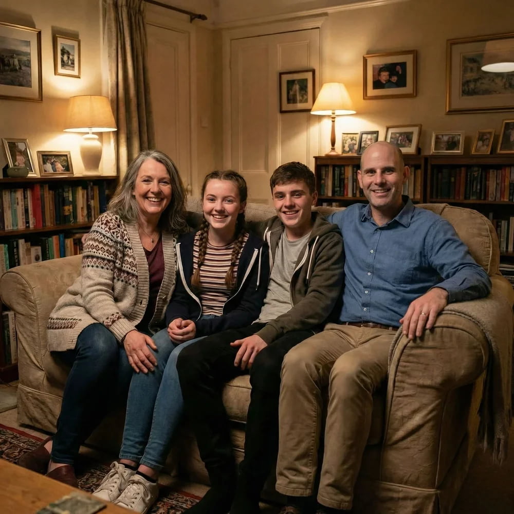 Foto familiar completa con miembro lejano añadido por IA