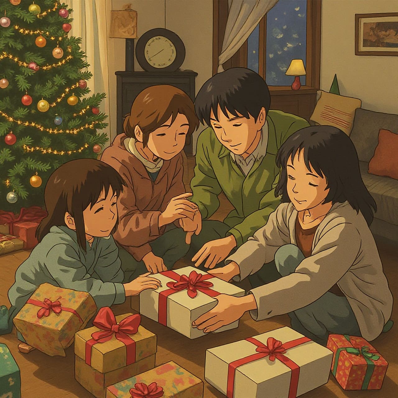 Famille ouvrant les cadeaux le matin de Noël avec sapin et cadeaux