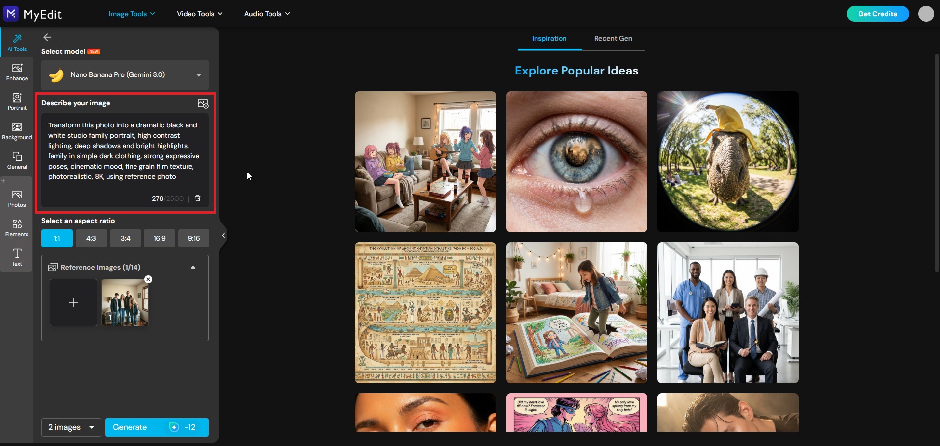 Enter family photoshoot prompt in MyEdit AI Image Generator